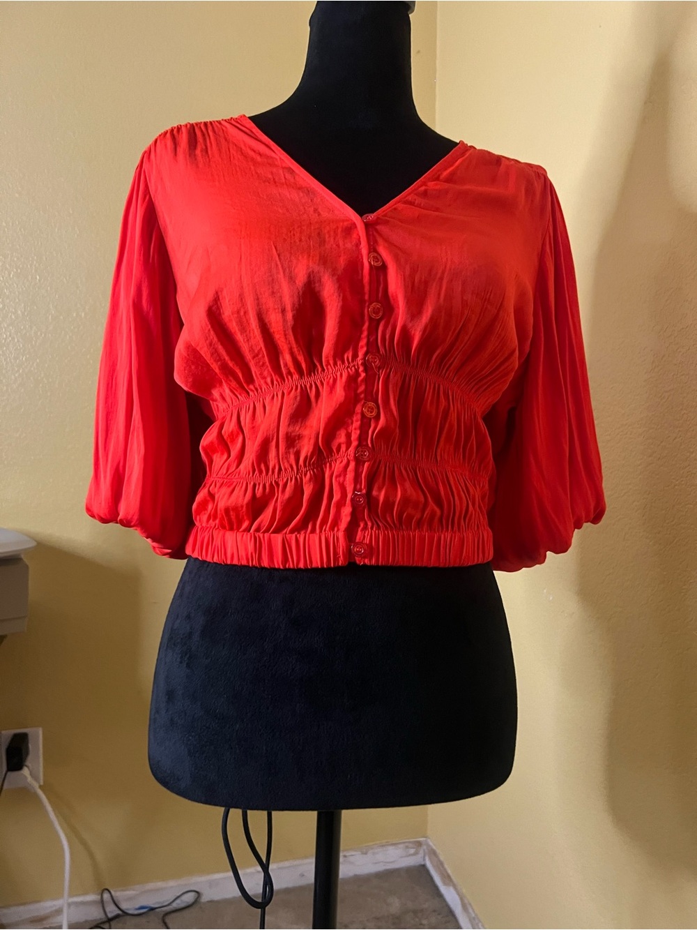 Orange V-Neck Smocked Waist Button-Front Women's Top